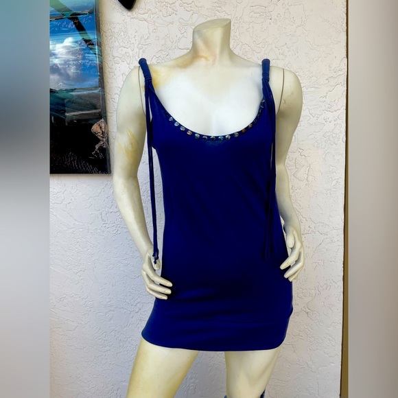 New York Blue Sleeveless Dress with Studded Neckline and tassels size S new - Picture 11 of 16